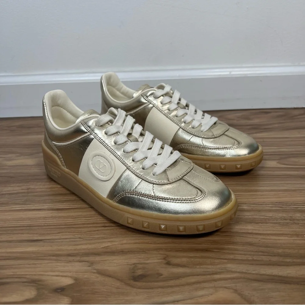 Valentino Garavani Women’s Upvillage Trainer Sneakers in Laminated Calfskin Gold